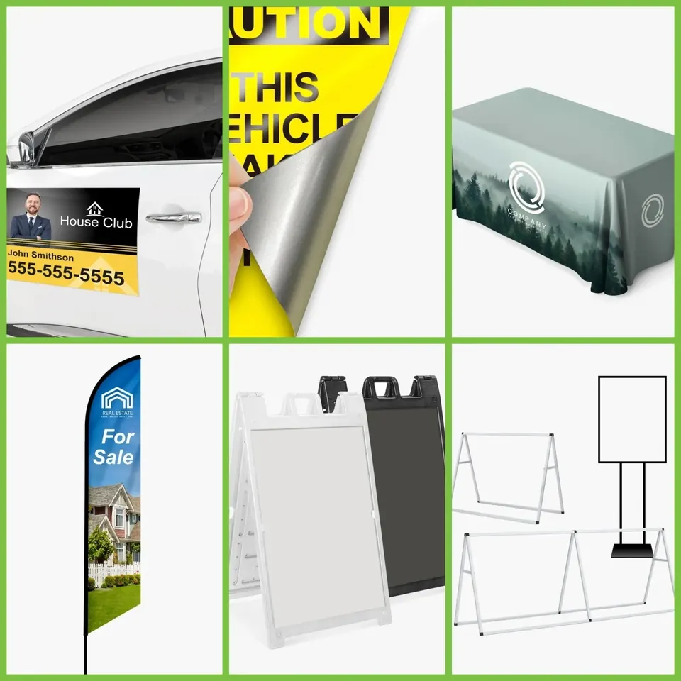 Car magnets, decals, a feather flag, A-frame sidewalk signs and a printed table throw